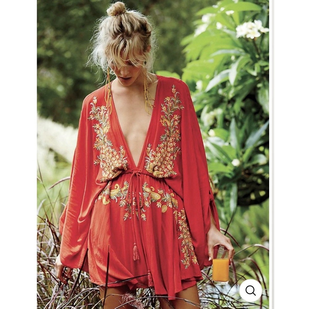 Free People Pretty Pineapple Mini Dress Size XS Poppy‎ Red Gold Embroidered Boho